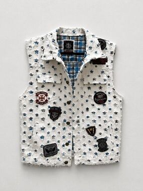 Imperious Biker, Motorcycle White Star-Print Patchwork Denim Vest